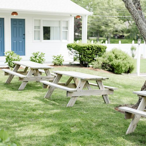 The image shows a grassy outdoor area with several picnic tables, bushes, and a white building with blue doors and windows in the background.