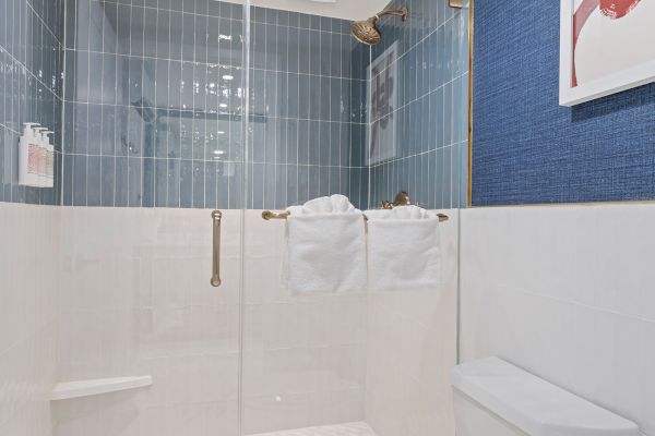 The image shows a modern bathroom with a white tiled shower area, blue accent tiles, a glass door, towels on a bar, and a toilet in the foreground.