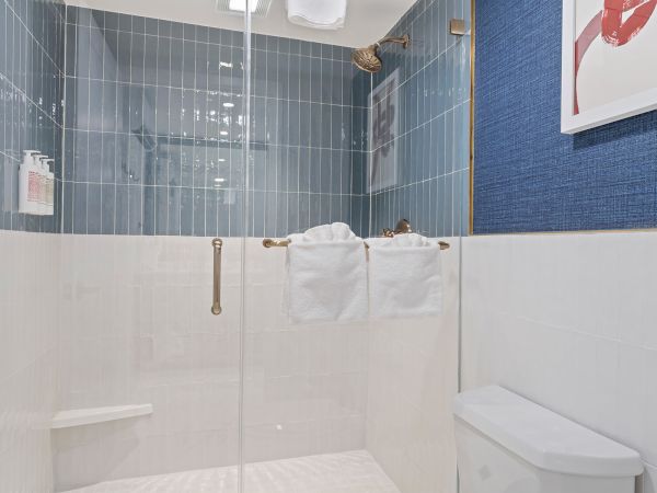 The image shows a modern bathroom with a white tiled shower area, blue accent tiles, a glass door, towels on a bar, and a toilet in the foreground.