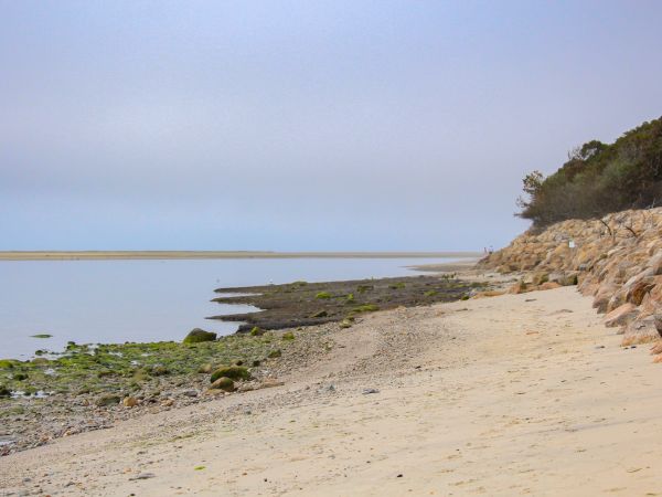 A serene beach scene with sandy shores, some rocks, and a calm body of water under a hazy sky.