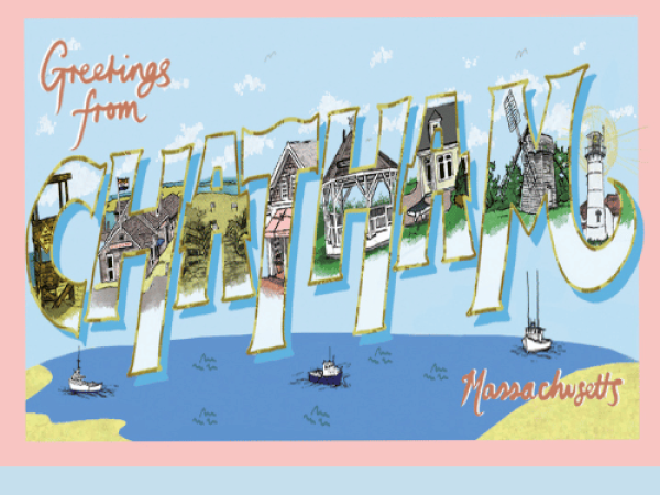 This image shows a postcard with the text "Greetings from CHATHAM" and various drawings within the text. It has a light blue background and pink border.