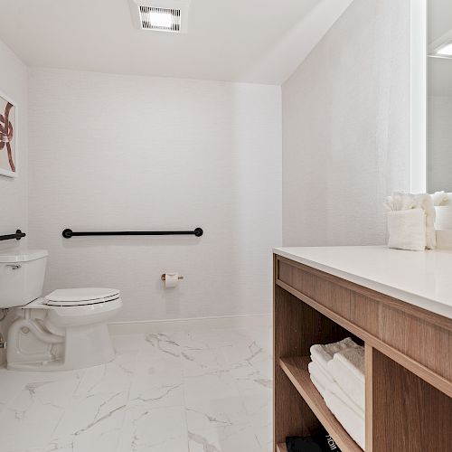 This image shows a modern bathroom with a toilet, grab bars, a sink with countertop, mirror, towels on shelves, and wall art.