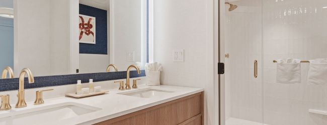 This image shows a modern bathroom with a dual-sink vanity, a large mirror, a walk-in shower with a glass door, and towels hanging inside the shower.