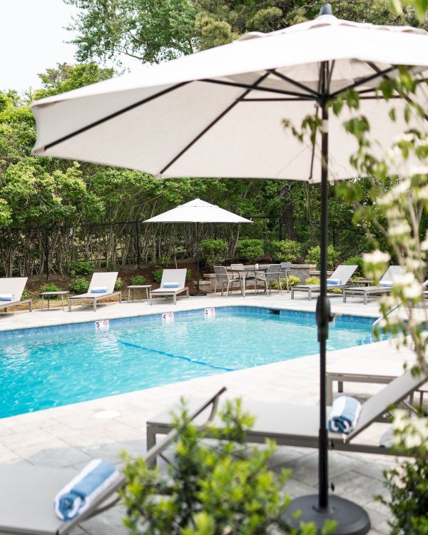 A sunny poolside scene with lounge chairs, umbrellas, and a clear blue swimming pool surrounded by greenery.