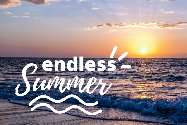 A sunset over the ocean with waves hitting the shore, featuring the phrase 