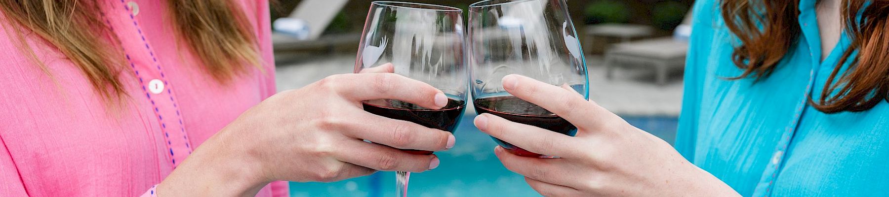 Two friends clink glasses of red wine by a pool, smiling and wearing colorful shirts.