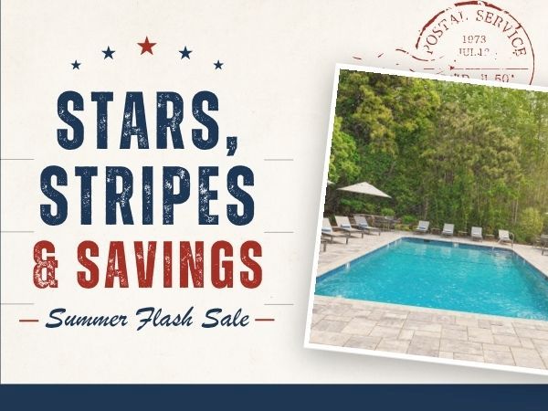 Stars, Stripes & Savings: Summer Flash Sale with a poolside scene&mdash;blue water, lounge chairs, and a tropical getaway vibe.