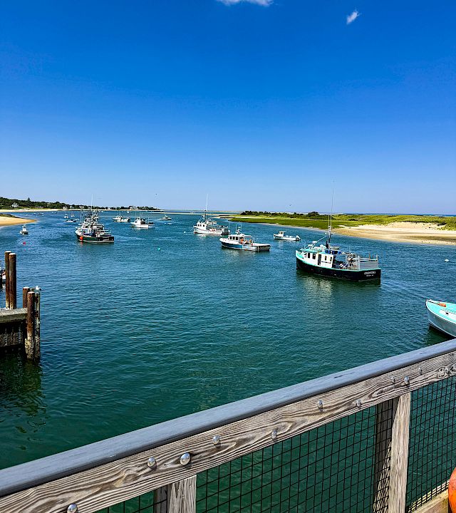 Boats moored in a marina by a sandy beach, with calm blue water and a bright, cloud-dotted sky.