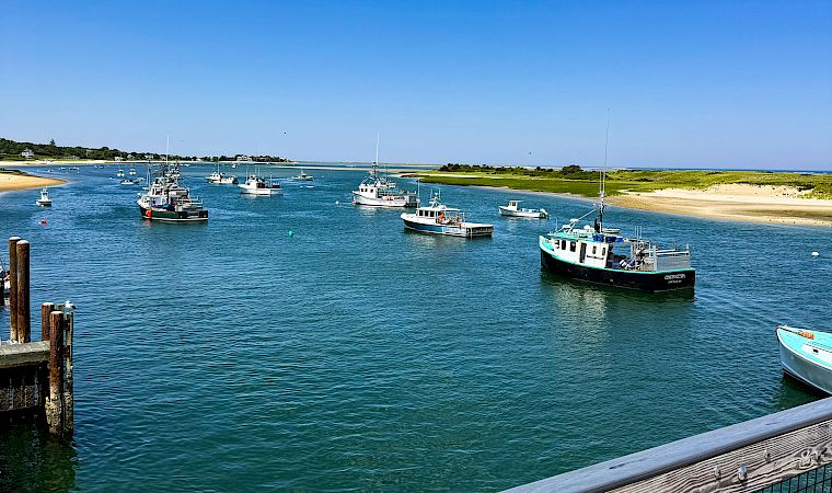 Boats moored in a marina by a sandy beach, with calm blue water and a bright, cloud-dotted sky.