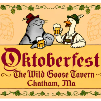 Vintage Oktoberfest poster: two cartoon men in lederhosen clink beer steins above &ldquo;Oktoberfest&rdquo; and the location text.